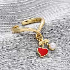 Сердце Латунные эмалевые открытые манжеты для женщин, с пластмассовой жемчужиной abs, стойки покрытие, прочное покрытие, без кадмия и без свинца, реальный 18 k позолоченный, сердце, 11x12.5 мм, размер США 7 (17.3 мм)