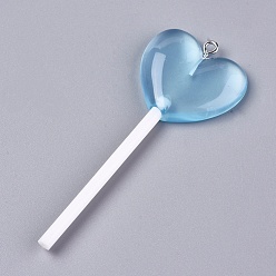 Небесно-голубой Большие кулоны из смолы , с железной петлей с платиновым покрытием, имитация леденца на палочке, сердце, голубой, 71~73x29x7 мм, отверстие : 2 мм