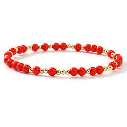 Красный Эластичные браслеты из круглых бусин из акрила и латуни для женщин, золотые, красные, 6.89 дюйм (17.5 см)