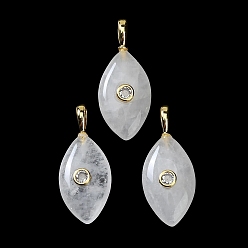 Cristal de cuarzo Colgantes de cristal de cuarzo naturales, con detalles de latón dorado micro pavé de circonita cúbica transparente, dije con forma de ojo de caballo, 32~34x13.5~14.5x7.5~8 mm, agujero: 5x3 mm