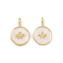 (404) Непрозрачное AB Кислое яблоко Латунь эмаль подвески, без кадмия и без свинца, плоский круглый с подвесками в виде пчел, реальный 18 k позолоченный, цветочный белый, 18x12.5x4 мм, отверстие : 3.5x1.5 мм