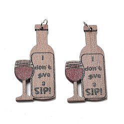 Bottle Печатные подвески дерева, с железным кольцом, коллекция ко дню святого валентина, бутылка, 42.5x22x2.5 мм, отверстие : 5 мм