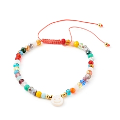 Orange Electroplate Glass Nylon Thread Braided Bead Bracelets, with Natural Shell Beads, Smile, Orange, Inner Diameter: 2 inch(5.1cm)