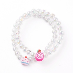 Mixed Color Transparent Acrylic Beaded Stretch Kids Bracelets, with Polymer Clay Beads, Cake, Mixed Color, Inner Diameter: 1-3/4 inch(4.5cm)