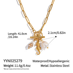 Настоящее золото 18K Летний пляж 304 Ожерелья с подвесками в виде морского конька из нержавеющей стали, натуральных ракушек и искусственного жемчуга, реальный 18 k позолоченный, 16.14 дюйм (41 см)