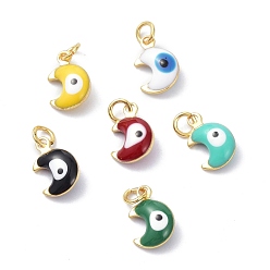 (52) Непрозрачная лаванда Латунь эмаль прелести, реальный 18 k позолоченный, с прыжковых колец, луна со сглазом, без кадмия и без свинца, разноцветные, 11x7x3.5 мм, отверстие : 2.6 мм