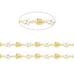 White Handmade Brass Link Chains, with Brass Enamel Links, Soldered, with Spool, Star & Butterfly, Cadmium Free & Lead Free, Real 18K Gold Plated, White, 12.5x8.5x2mm