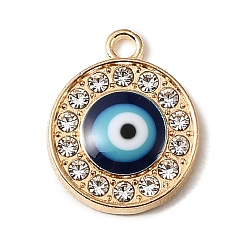 Golden Alloy Rhinestone Pendants, Round with Evil Eye Charms, With Enamel, Golden, 18.5x15x3mm, Hole: 1.8mm