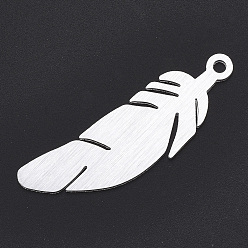 Silver Aluminium Big Pendants, Laser Cut Big Pendants, Feather, Silver Color Plated, 54x16.5x1mm, Hole: 3mm