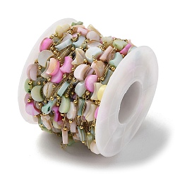 Разноцветный Ионное покрытие (IP) настоящее 18k позолоченное 316 цепочки из нержавеющей стали для скрепок, с луной, натуральная белая ракушка из бисера, с катушкой, пайки, красочный, 8x5.5x2.8 мм