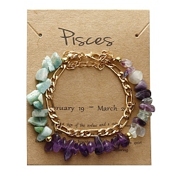 Рыбы Браслеты Constellation из многониточного бисера с натуральным амазонитом, аметистом и флюоритом, браслеты-цепочки figaro для женщин и мужчин, золотые, Рыбы, 6-3/4 дюйм (17 см)