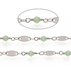 Platinum Soldered Handmade Faceted Glass Beaded Chains, with Brass Oval Links, Long-Lasting Plated, with Spool, Honeydew, Platinum, 13x4.5mm, about 32.8 Feet(10m)/roll