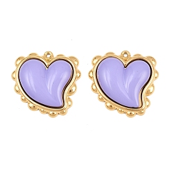 Lilac Baking Paint 304 Stainless Steel Pendants, Heart Charms, Ion Plating(IP), Real 18K Gold Plated, Lilac, 30.5x31x6mm, Hole: 1.5mm