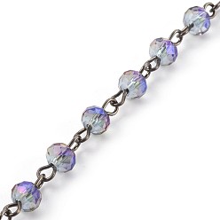 Medium Slate Blue Handmade Electroplate Glass Beads Chains, Unwelded, with Iron Eye Pin, Rondelle, Medium Slate Blue, 12~13x6~6.5mm, 1m/strand, 39.37 inch