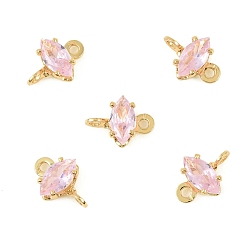 Розовый Латунные подвески-коннекторы в виде конского глаза, инкрустированные кубическим цирконием, без кадмия, без никеля и без свинца, реальный 18 k позолоченный, туманная роза, 8x6x3 мм, отверстие : 1.2 мм