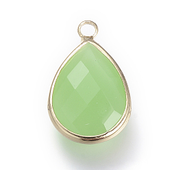 Pale Green Glass Pendants, with Brass Findings, Faceted, Drop, Light Gold, Pale Green, 22x13.5x6mm, Hole: 1.8~2.3mm