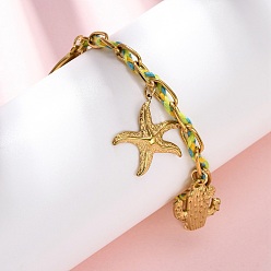 Настоящее золото 18K 304 браслеты с подвесками из нержавеющей стали и эмалированной веревкой, с крашеными оболочки, ионное покрытие (ip), морская звезда, реальный 18 k позолоченный, 6-3/4 дюйм (17 см)