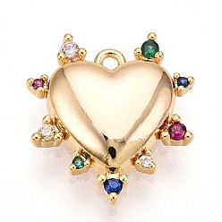 Настоящее золото 18K Латунные микро проложить кубического циркония прелести, сердце, реальный 18 k позолоченный, 15x14x3 мм, отверстие : 1 мм