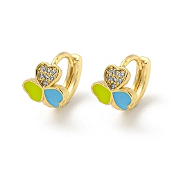 Озёрно--синий Серьги-кольца из латуни с микропаве из кубического циркония, с эмалью, реальный 18 k позолоченный, сердце, Плут синий, 10.5x9 мм