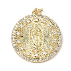 Плоский Круглый Латунные микро проложить кубического циркония подвески, Дева Мария, без свинца и без кадмия, долговечный, с целью перехода в кольце, плоско-круглые, 25x22.5x3.5 мм, отверстие : 2.5 мм