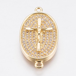 Golden Brass Micro Pave Cubic Zirconia Links, Cadmium Free & Lead Free, Clear, Oval with Crucifix, Golden, 30x15x3mm, Hole: 1.4mm