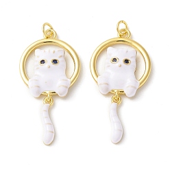 Белый Подвески из латуни с эмалью в стойку, долговечный, реальный 18 k позолоченный, без кадмия, без никеля и без свинца, кошка, белые, 31x15.5x4 мм, отверстие : 2.5 мм