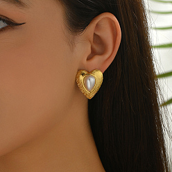 Сердце Серьги шпилька нержавеющая сталь, с имитацией жемчуга, сердце, 25x22 мм