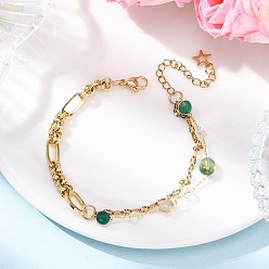 Зеленый Авантюрин 304 браслеты из латунной цепочки и текстурированных цепочек из нержавеющей стали для женщин, с природными авантюрин бисером зеленых, 7-1/2 дюйм (19.2 см)