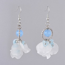 Аквамарин Болтаются серьги, с натуральными аквамариновыми чипсами, подвески матовым акриловым, латунные крючки для сережек и железная находка, цветок, 58~61 мм , штифт: 0.6 мм