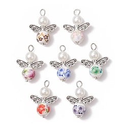 Color mezclado Colgantes de cerámica y porcelana con estampado de ángel, Con fornitura de aleación y cuentas redondas de imitación de perlas de plástico ABS., color mezclado, 28.5x21.5x10.5 mm, agujero: 3 mm