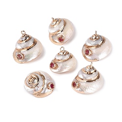 Seashell Color Electroplated Golden Brass Edged Natural Spiral Shell Pendants, Conch Charms, with Rhinestone, Seashell Color, 14~20x20~26x17~23mm, Hole: 1.8mm