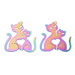 Rainbow Color 201 подвески из травленого металла из нержавеющей стали, очарование в форме кошки, Радуга цветов, 40.5x40x0.2 мм, отверстие : 1.8 мм