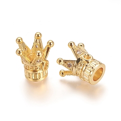 Golden Brass Micro Pave Clear Cubic Zirconia Beads, Long-Lasting Plated, Crown, Golden, 13.5x13.5mm, Hole: 1.8mm