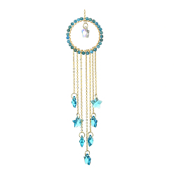 Apatite Glass Star Pendant Decorations, Hanging Suncatchers, with Natural Apatite Bead, for Home Decorations, 221mm