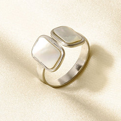 Нержавеющая Сталь Цвет 304 Открытые кольца-манжеты из нержавеющей стали с натуральными ракушками для женщин, прямоугольные, цвет нержавеющей стали, 13 мм, внутренний диаметр: 17 мм