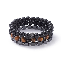 Mixed Stone Unisex Stretch Bracelets Sets, Stackable Bracelets, with Natural Black Agate(Dyed)/Tiger Eye Beads, Non-Magnetic Synthetic Hematite Beads, Brass Micro Pave Cubic Zirconia Beads and Cardboard Packing Box, 2-1/4 inch(5.6cm), 3pcs/set