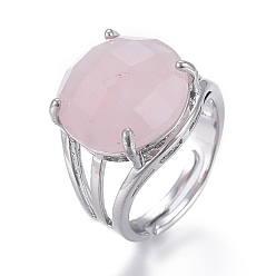 Розовый Кварц Регулируемые граненые кольца из натурального розового кварца, с платиновой и латунной фурнитурой, плоско-круглые, Размер 8, внутренний диаметр: 18 мм