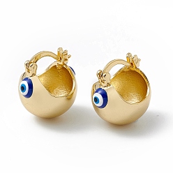 Blue Brass Enamel Evil Eye Half Hoop Earrings, Real 18K Gold Plated Chubby Hoop Earrings for Women Girls, Blue, 20x17.5x15.5mm, Pin: 1mm