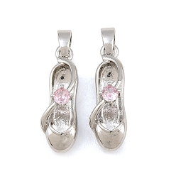 Platinum Brass Micro Pave Pink Cubic Zirconia Pendants, Ballet Shoes Charms, Platinum, 20x7x6.5mm, Hole: 5x3mm