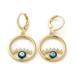 Medium Sea Green Evil Eye Golden Brass Dangle Leverback Earrings, with Enamel and Cubic Zirconia, Medium Sea Green, 33.5x18.5mm