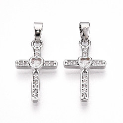 Платина Латунные микро проложить кубического циркония подвески, без кадмия и без свинца, крест прелести, платина, 19.5x11.5~12x2.1 мм, отверстие : 2~2.5x5 мм