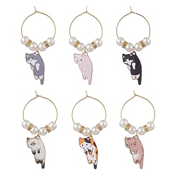 Mixed Color Alloy Enamel Wine Glass Charms, with Glass Seed Beads and Brass 
Hoops, Cat, Mixed Color, 56mm, 6pcs/set