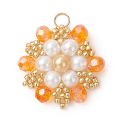 Оранжевый Подвески из стеклянного бисера Toho, цветочный шарм, с бусинами из стекла и стеклянного жемчуга и 304 нержавеющей сталью, граненые, оранжевые, 21x21x4.5 мм, Перейти кольцо: 4x0.5 мм, внутренний диаметр: 3 мм