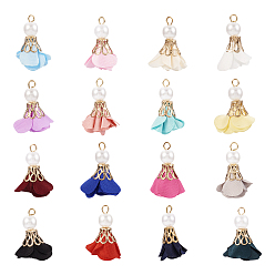 Gemischte Farbe 32pcs 16 Farben Blume Chiffon Anhänger, mit abs-Kunststoffimitatperle, golden, Gemischte Farbe, 29~31x19~23x19~23 mm, Bohrung: 3.5x2.3 mm, 2 Stk. je Farbe