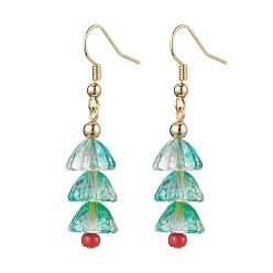 Golden Christmas Tree Glass Dangle Earrings, Brass Jewely for Women, Golden, 47x11mm