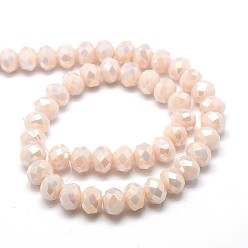 PeachPuff Electroplate Opaque Solid Color Crystal Glass Rondelle Beads Strands, Faceted, AB Color Plated, PeachPuff, 10x7mm, Hole: 1mm, about 70pcs/strand, 20 inch