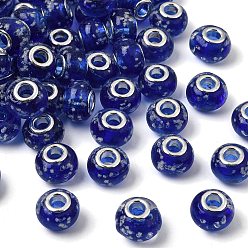Синий Светятся в темноте ручной светящийся стиль лампворк большое отверстие европейских бисера, с латунными ярдами серебянного цвета , рондель, синие, 14x9~10 мм, отверстие : 5 мм