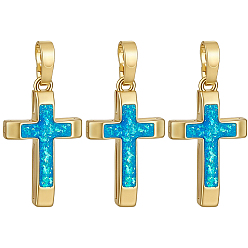 Deep Sky Blue 3Pcs Brass with Synthetic Opal Pendants, Cross Charms, Real 18K Gold Plated, Deep Sky Blue, 20.5x12.5x3.5mm, Hole: 6x3.5mm