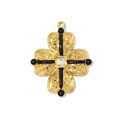 Черный 304 нержавеющей стальной эмали подвески, подвеска в виде четырехлистного клевера, с кубического циркония, реальный 18 k позолоченный, ионное покрытие (ip), долговечный, чёрные, 32x26 мм, отверстие: 1.40 мм