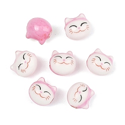Pearl Pink Handmade Porcelain Beads, Cat Shape, Pearl Pink, 9x9.5x8~8.5mm, Hole: 1.8~2mm